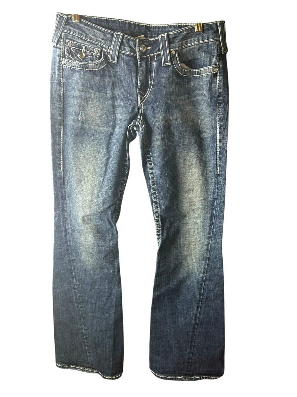Joey Low Rise crystal Super T Flap Flare Jean twist Size 30 stitching Y2K USA